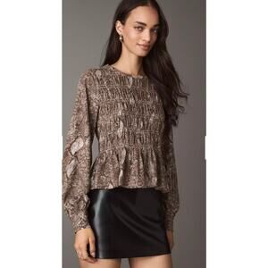 Anthropologie Taupe Snake-Print Smocked Peplum Blouse